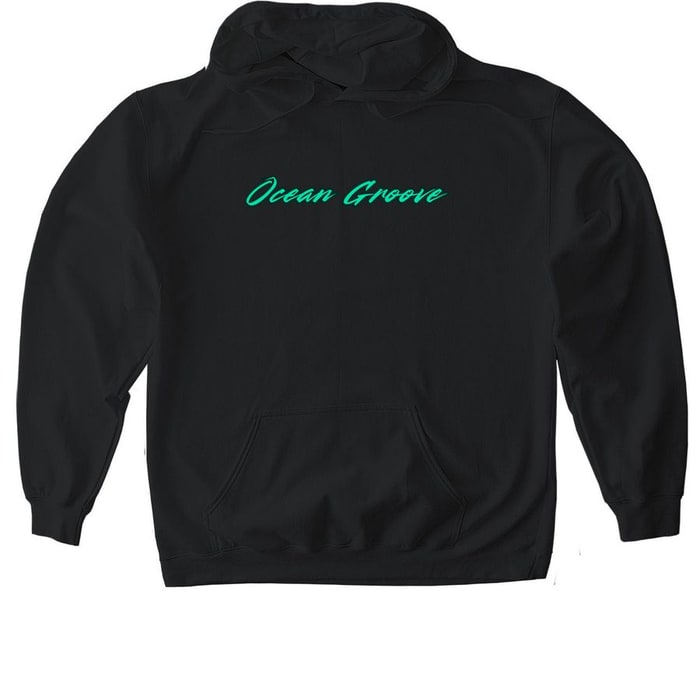 Black Ocean Groove softstyle pullover hoodie with neon green wordmark